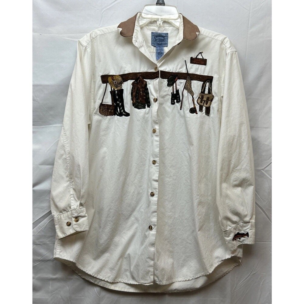 Vintage Cambridge Dry Goods Fishing Shirt M Embroidered Suede Collar Outdoors